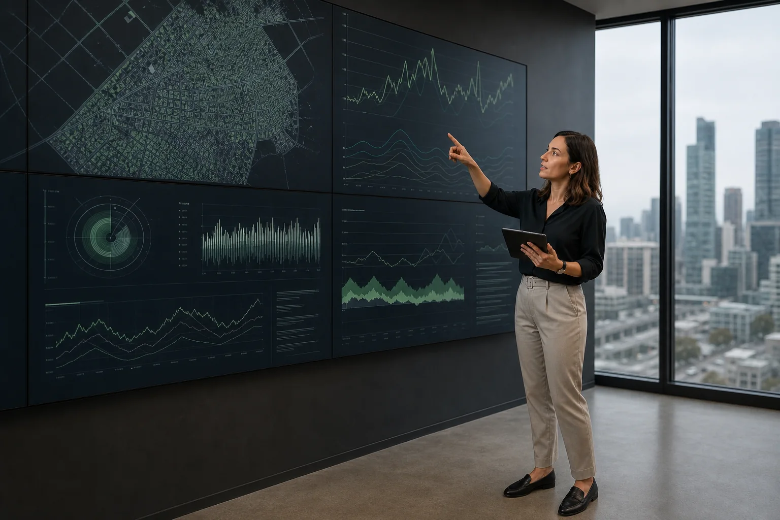 Imagen ilustrativa de una analista interpretando información ambiental en un muro de datos