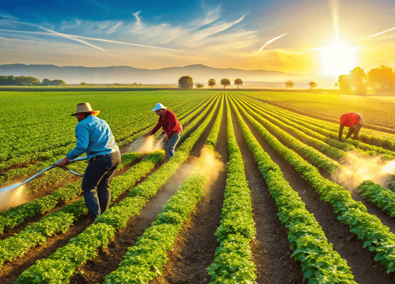 farmers working field with sun them 1