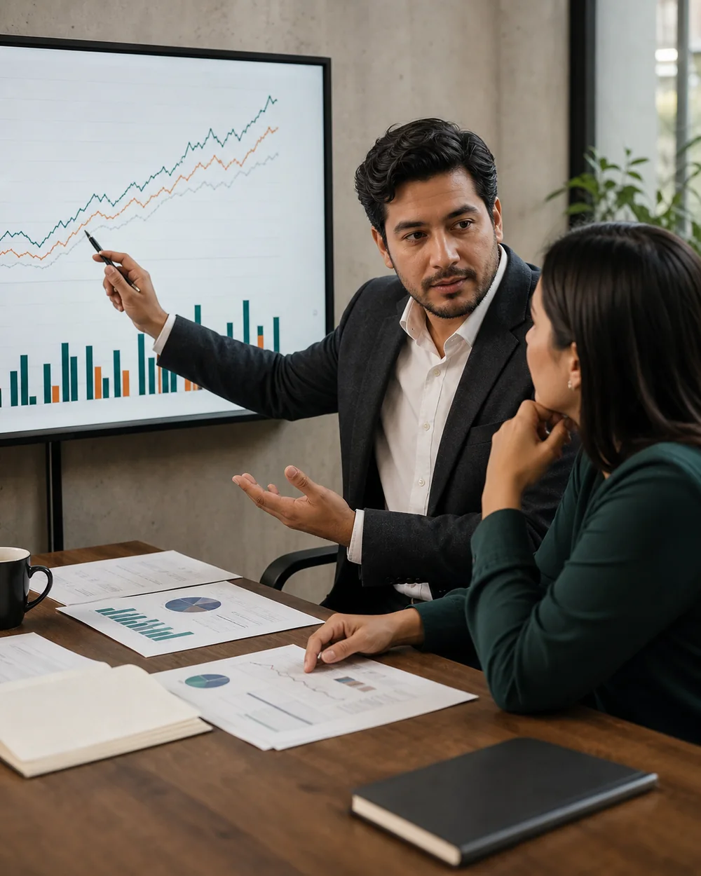 Escena ilustrativa de profesionales analizando un modelo de inversión