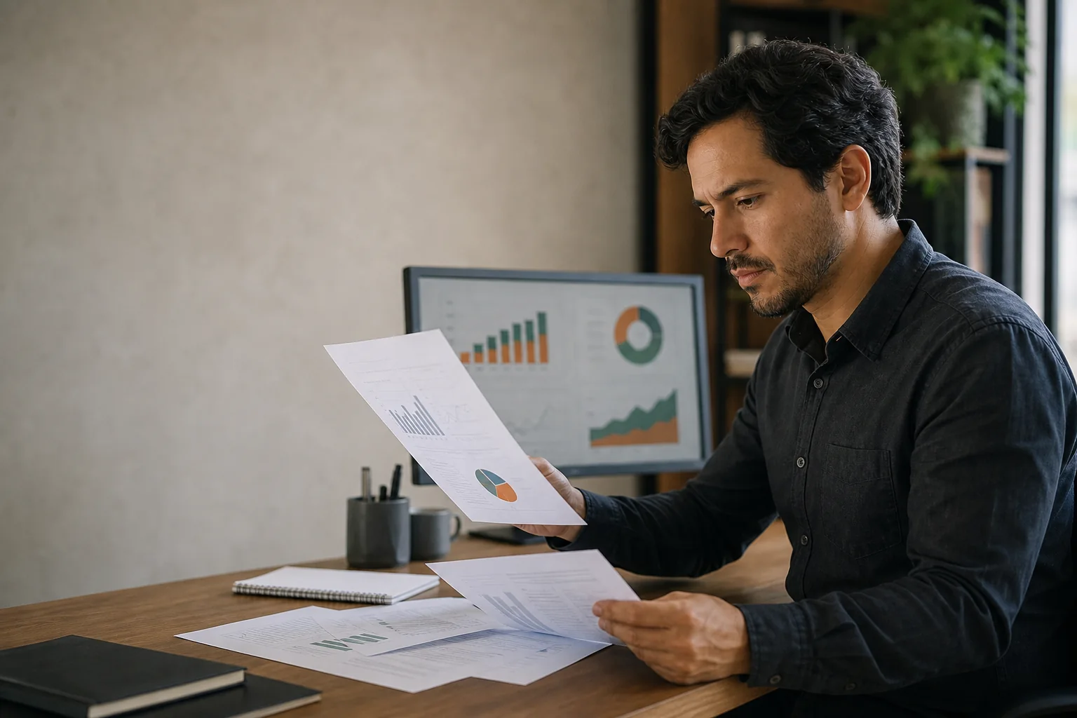 Escena ilustrativa de un profesional interpretando información financiera para tomar decisiones