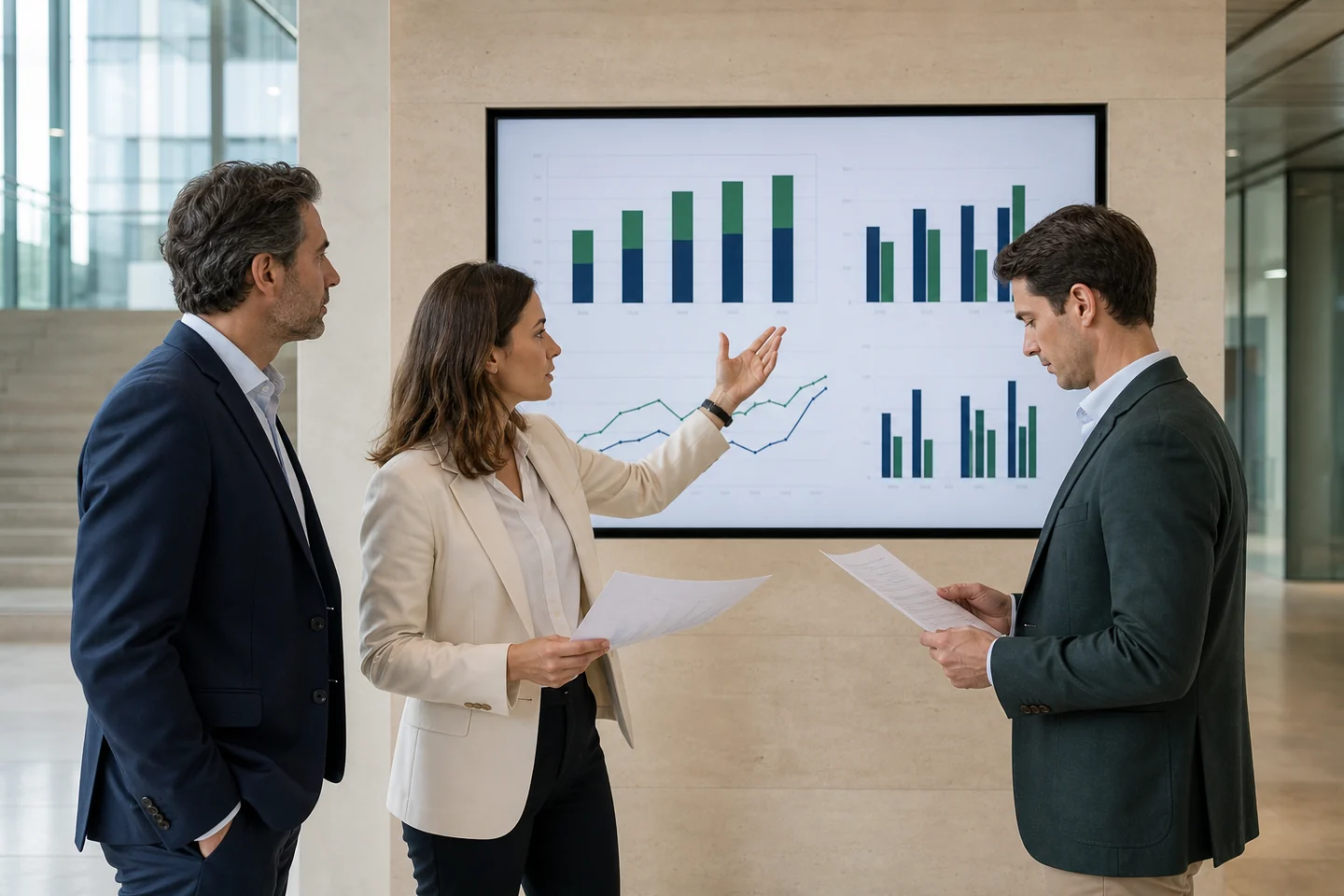 Escena ilustrativa: tres profesionales contrastan un informe con datos presentados en una pantalla.