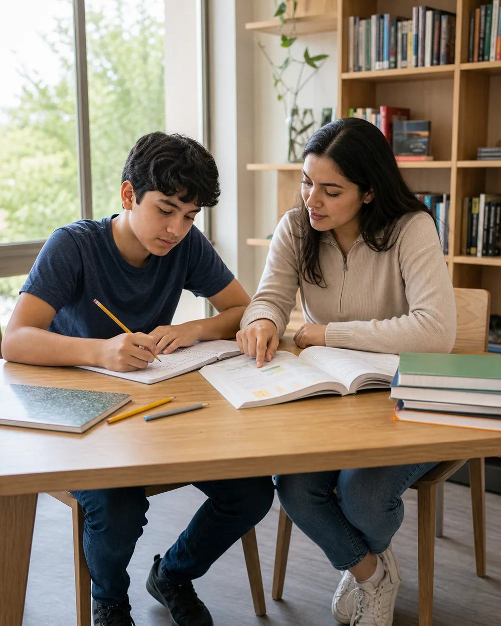 Escena ilustrativa de un estudiante fortaleciendo sus habilidades con acompañamiento